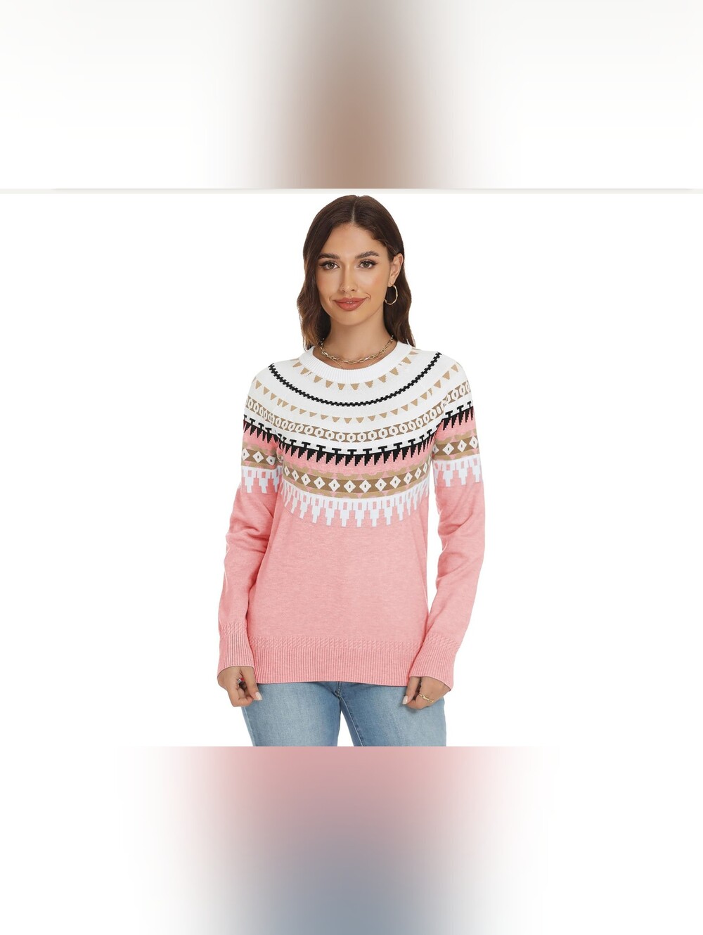 Women's Pink Fair Isle Crewneck Sweater - Picture 4 of 7